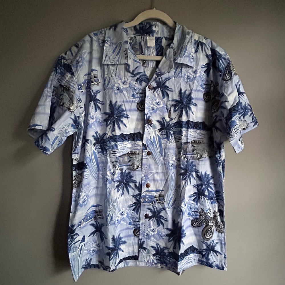 Palmwave Hawaii Mens XL Blue Tropical‎ Woody Wagon Motorcycle Cotton Aloha Shirt